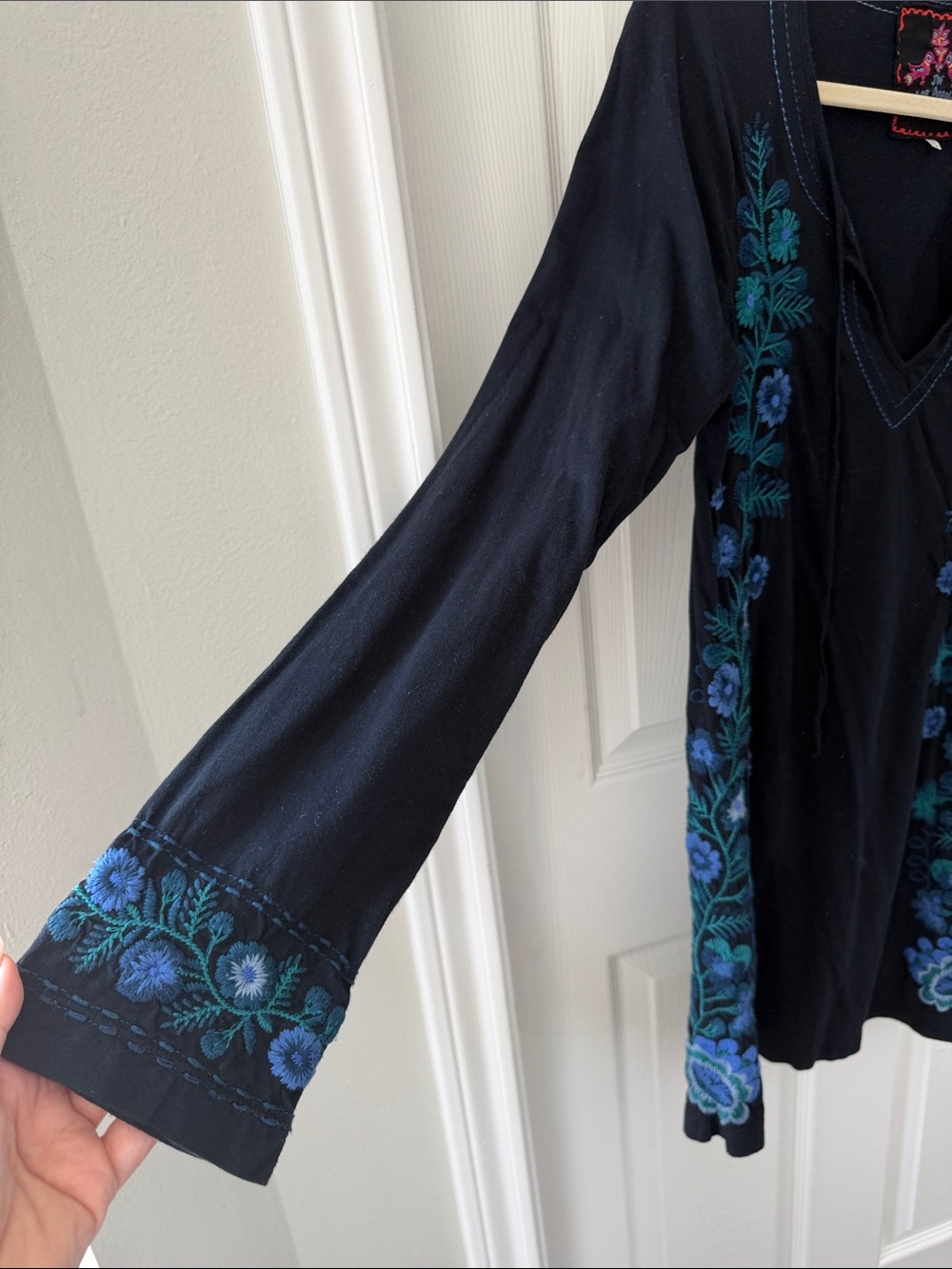 Johnny Was Black V-Neck Tunic with Blue and Teal Floral Embroidery - Picture 3 of 5